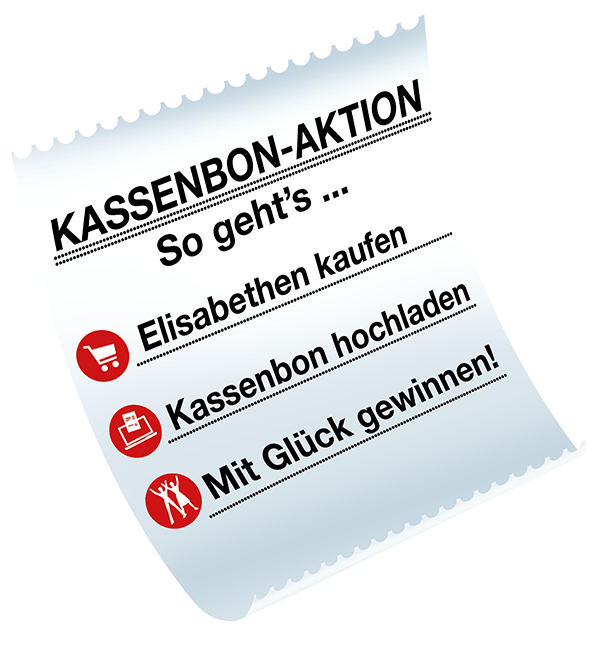 Kassenbon-Aktion - So geht's... Elisabethen kaufen, Kassenbon hochladen, Mit Glück gewinnen!